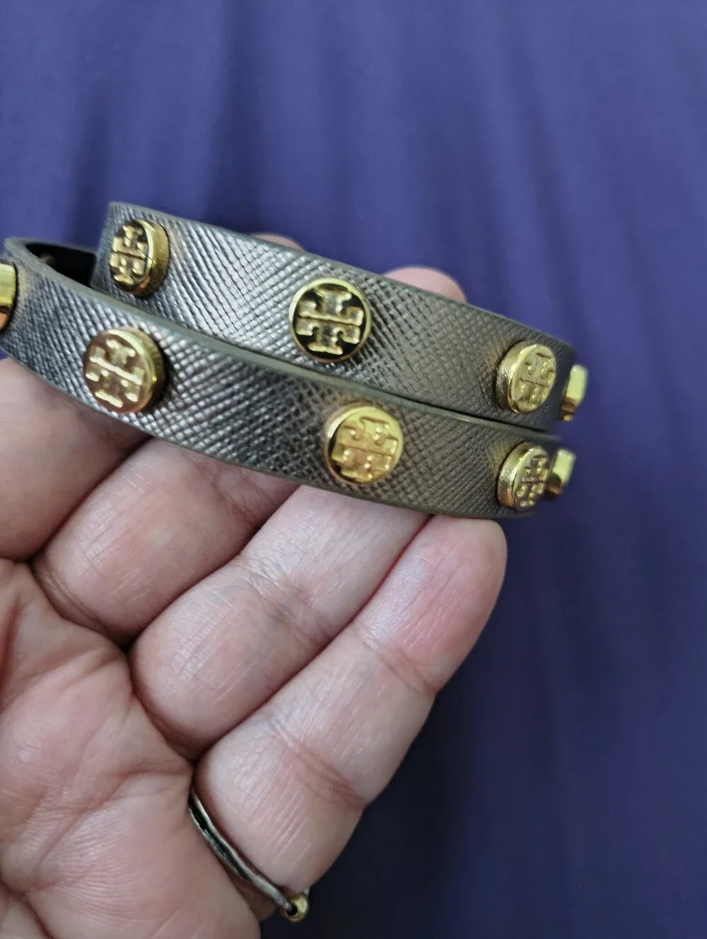 Tory Burch Leather Double Wrap Bracelet With Gold Plated Logo Studs